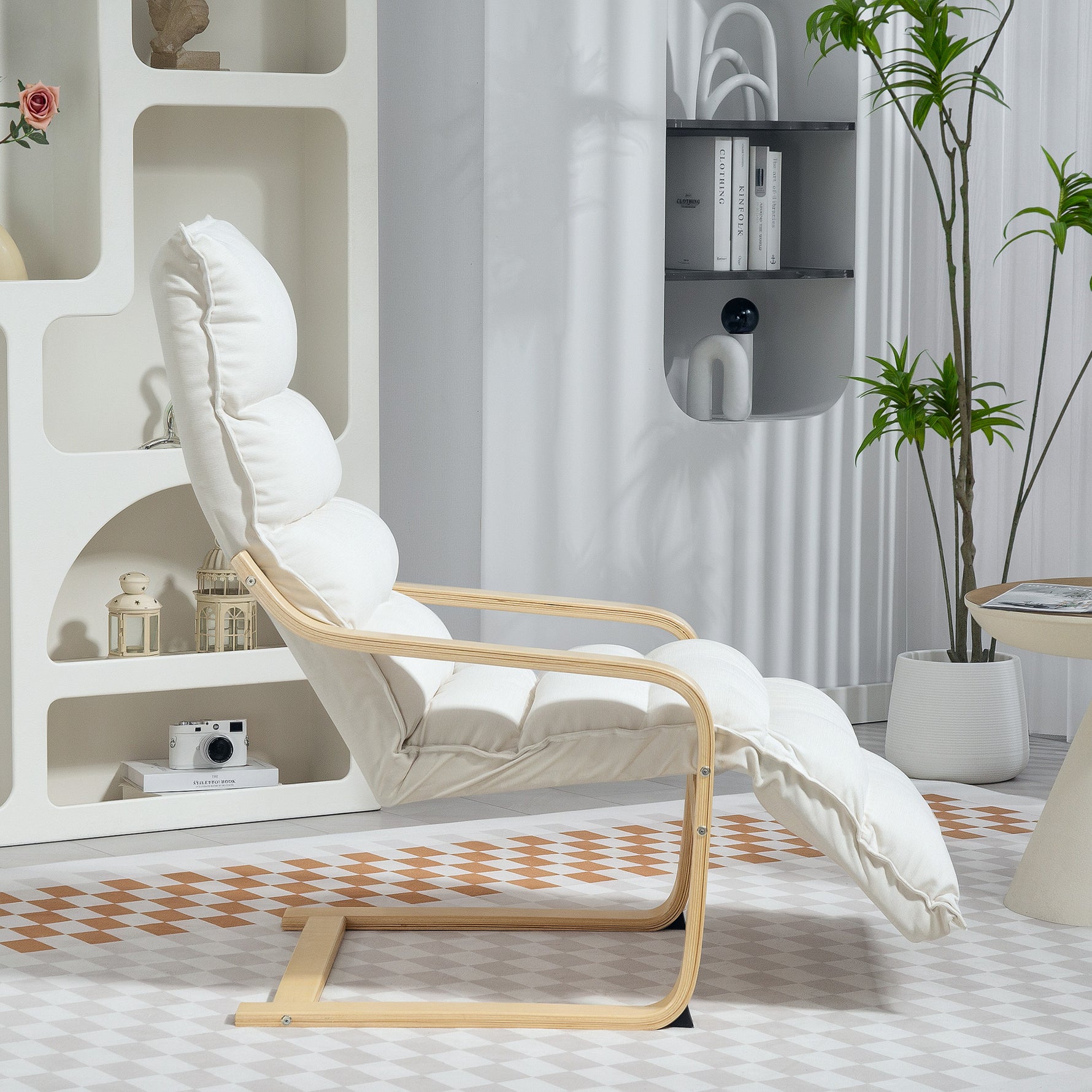Fauteuil salon, fauteuil d'appoint rembourré en velours, repose-pieds réglable et structure en acier, 67x93x105cm, crème