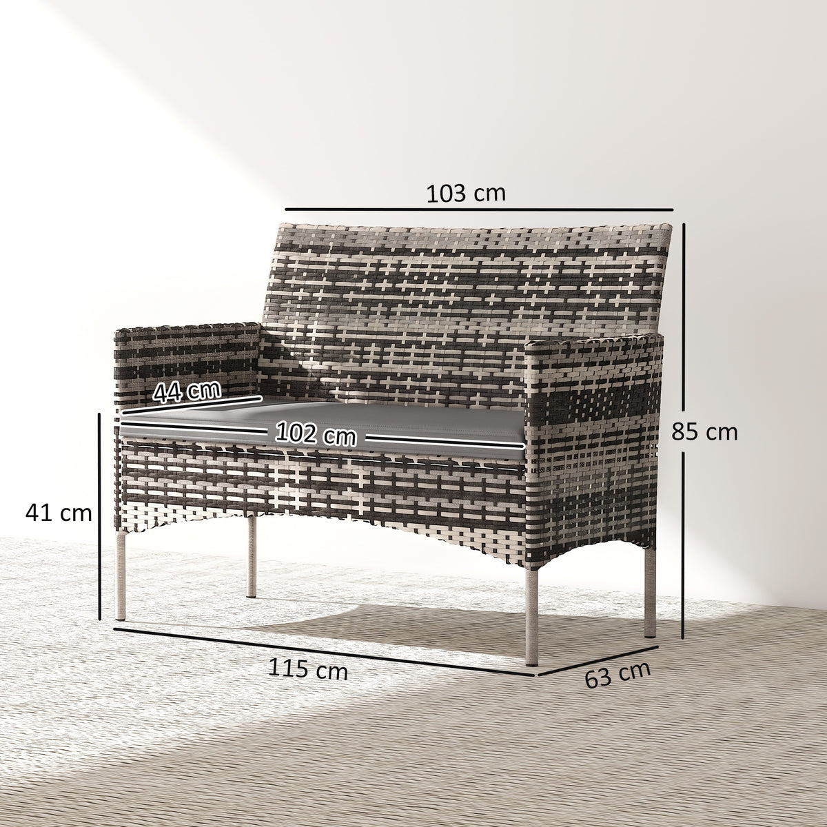 Canapé de jardin 2 places en résine tressée avec coussins canapé d'extérieur avec accoudoirs 115 x 63 x 85 cm gris clair