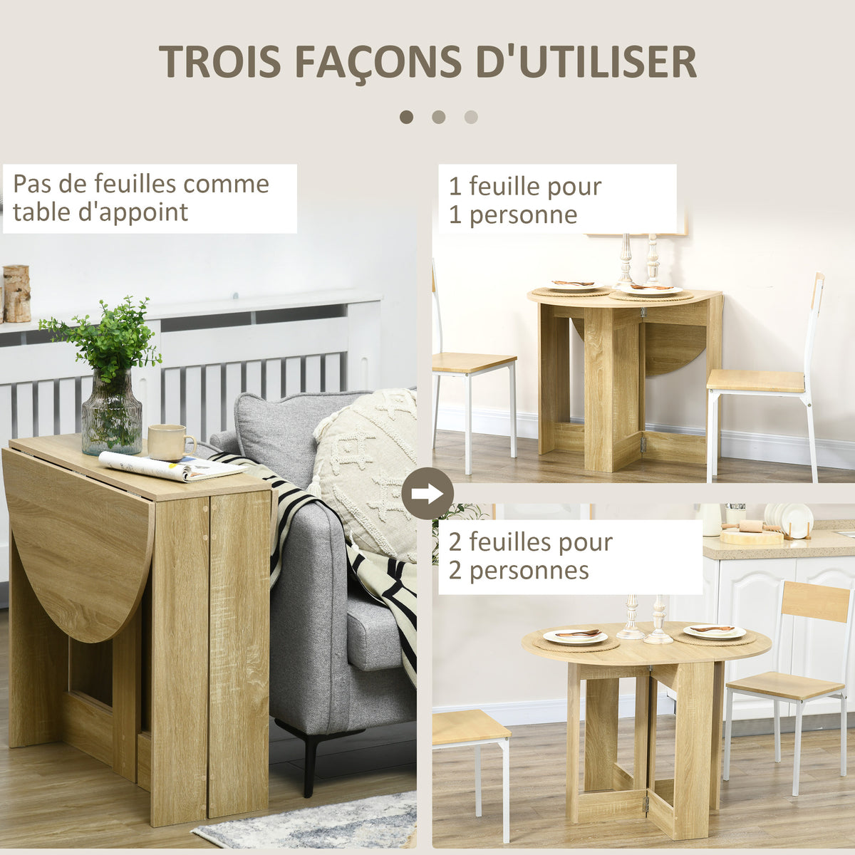 Table pliable de cuisine salle à manger 2 abattants - table ovale extensible - en bois chêne