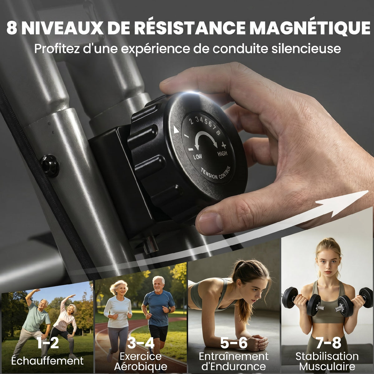 Vélo d'Appartement Pliable Vélo de Fitness 4 en 1 Silencieux Connecté Kinomap Bluetooth et Zwift 105x53,5x109cm Noir