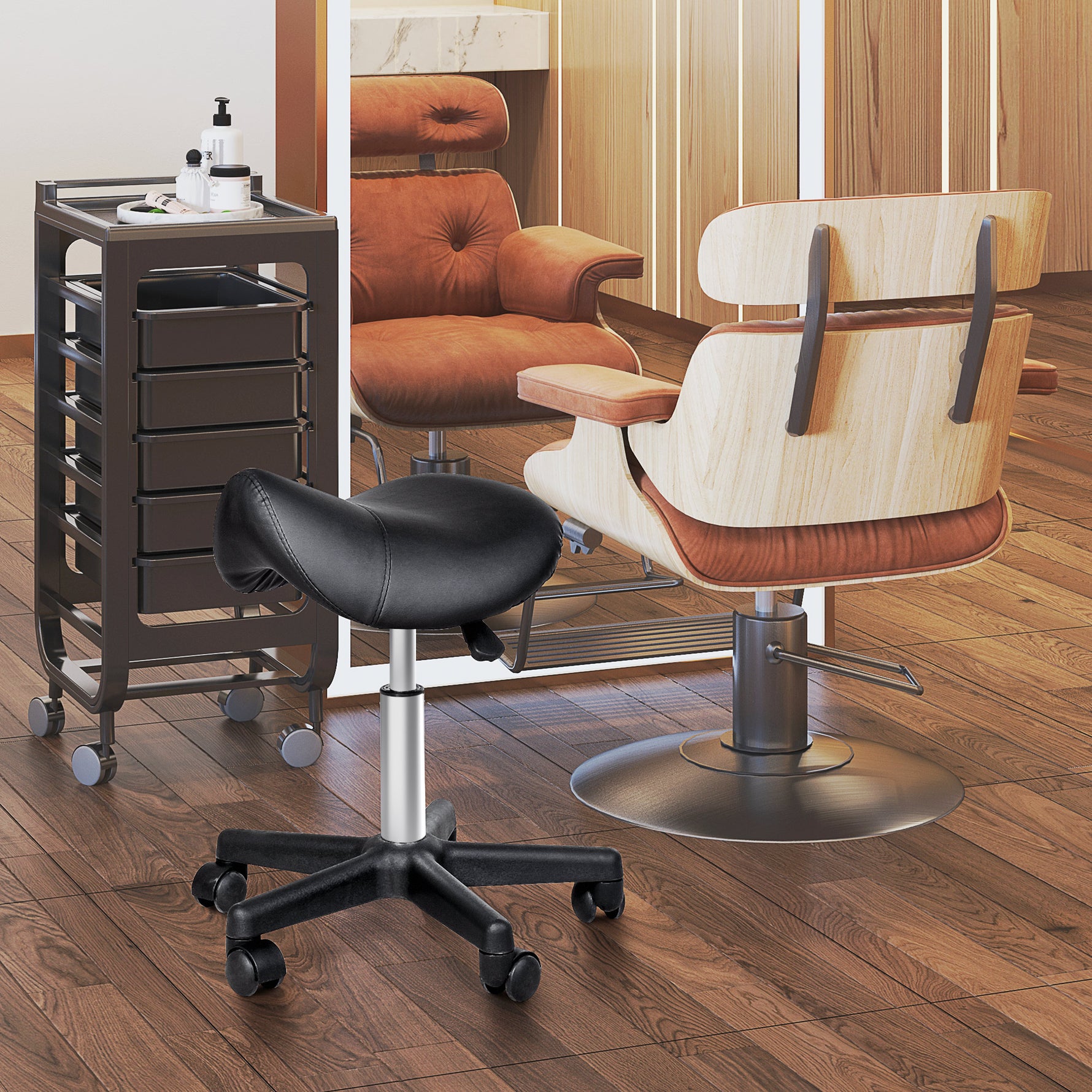 Tabouret à roulettes, tabouret de massage avec hauteur réglable 43-55 cm et selle ergonomique, chaise de travail à roulettes pivotant 360°, pour salon de massage, tatouage, clinique, spa, noir