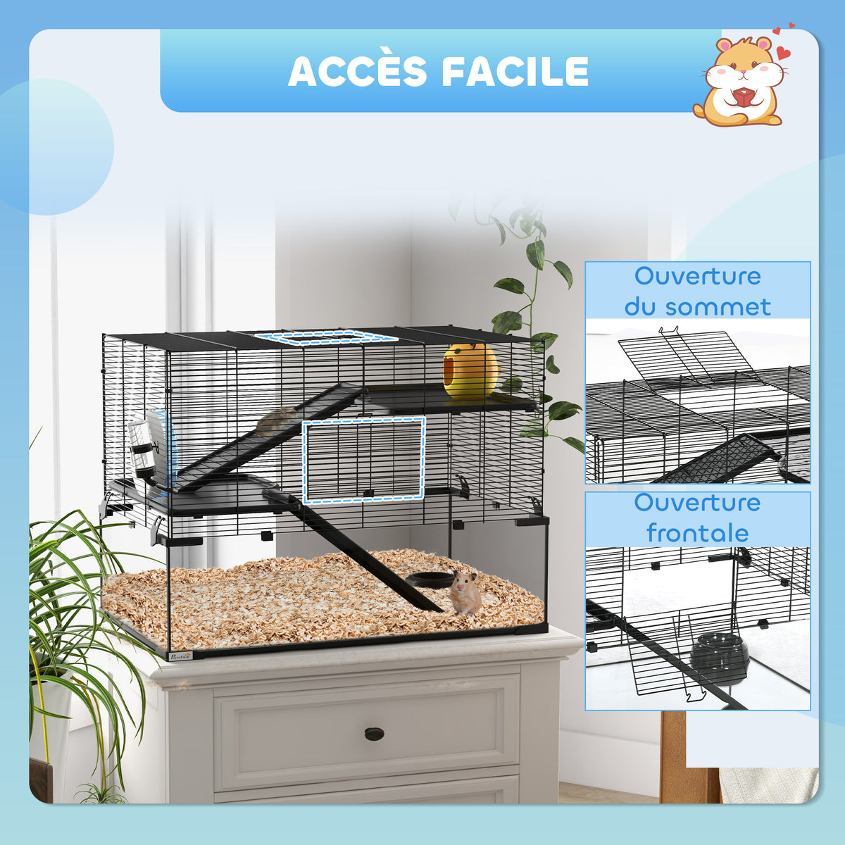 Cage hamster cage rongeur 3 niveaux avec roue rampes maisonnette abreuvoir mangeoire 76,5L x 48,5l x 54,5H cm noir