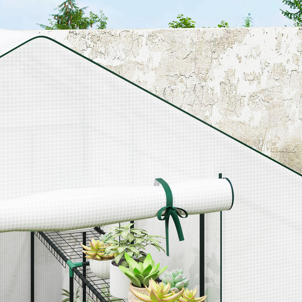 Serre de jardin 3 m² avec étagères 3 niveaux, PE renforcée 135 g/m² anti-UV, porte enroulable et fenêtres en maille