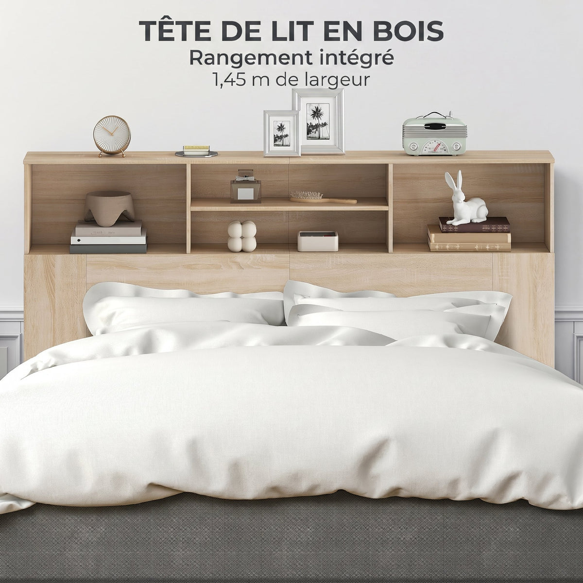 Tête de lit sur pied avec rangements, accessoire de lit 4 compartiments ouverts, 160 x 20,2 x 108,2 cm, bois naturel