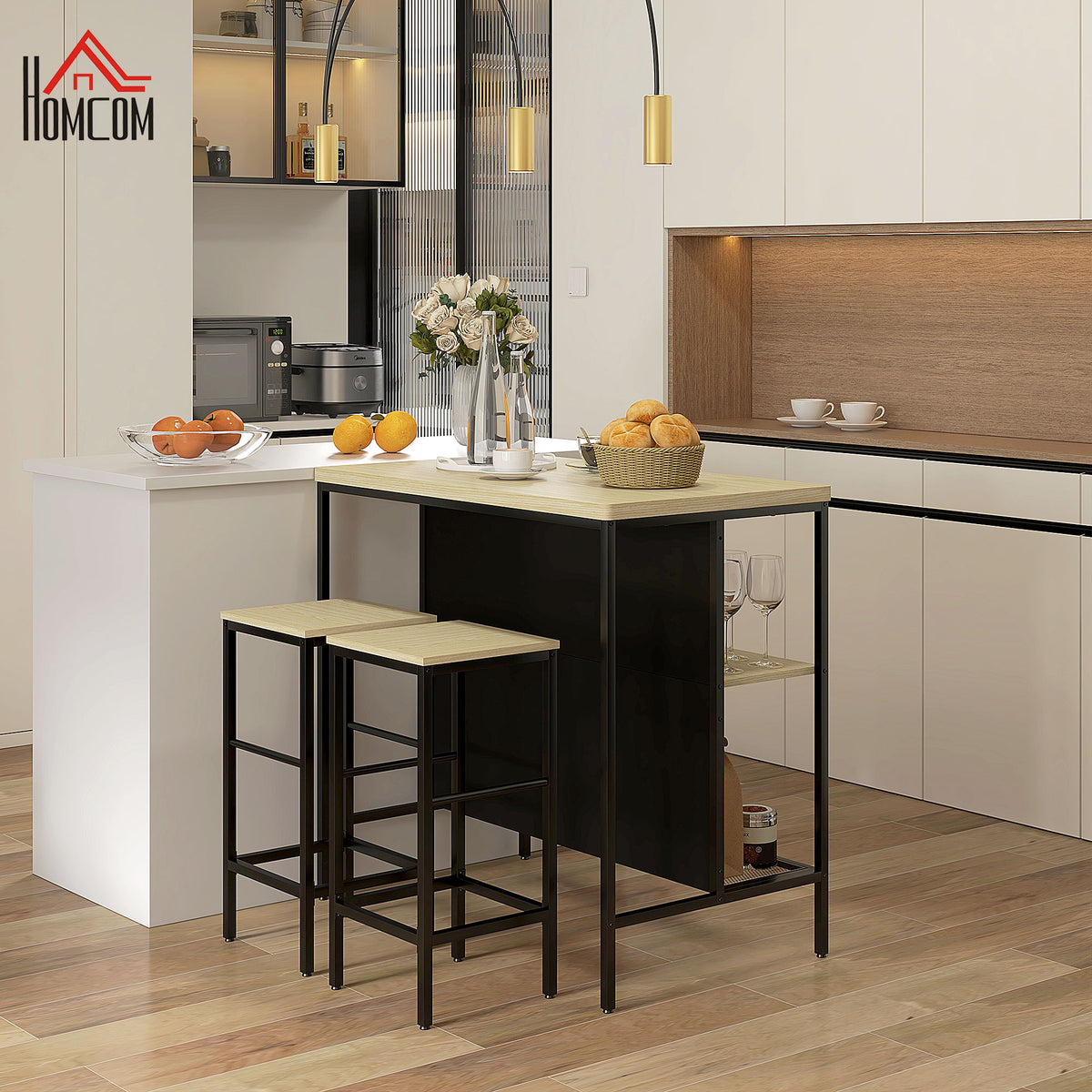 Ensemble table de bar et 2 tabourets style industriel avec étagère de rangement, repose-pieds, métal noir et aspect bois