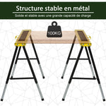 Lot de 2 Tréteaux Pliables Télescopiques Réglables en Hauteur, Poignée de Transport, Dim. 100L x 60l x 62-90H cm, Surface Antidérapante, Métal, Noir et Jaune