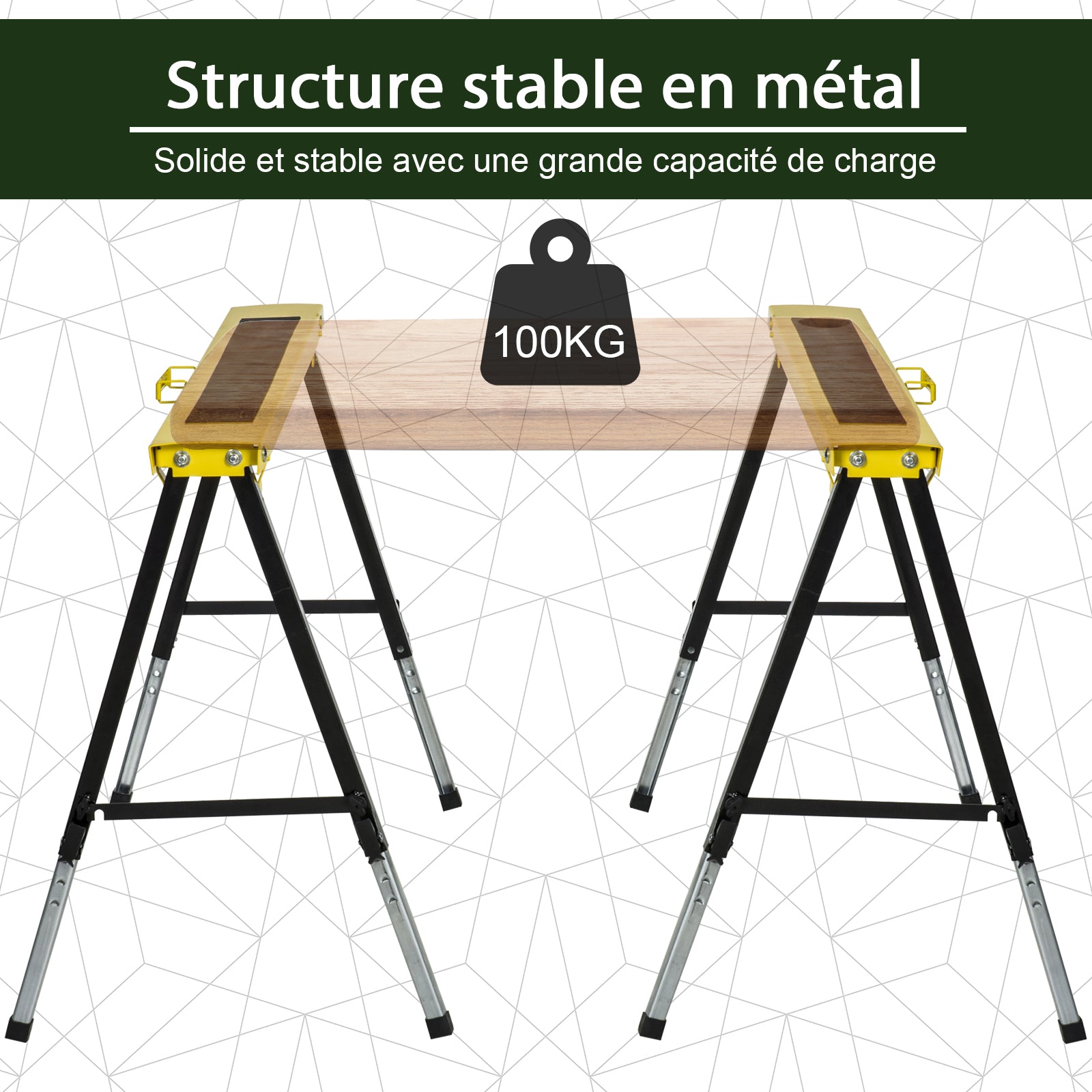 Lot de 2 Tréteaux Pliables Télescopiques Réglables en Hauteur, Poignée de Transport, Dim. 100L x 60l x 62-90H cm, Surface Antidérapante, Métal, Noir et Jaune