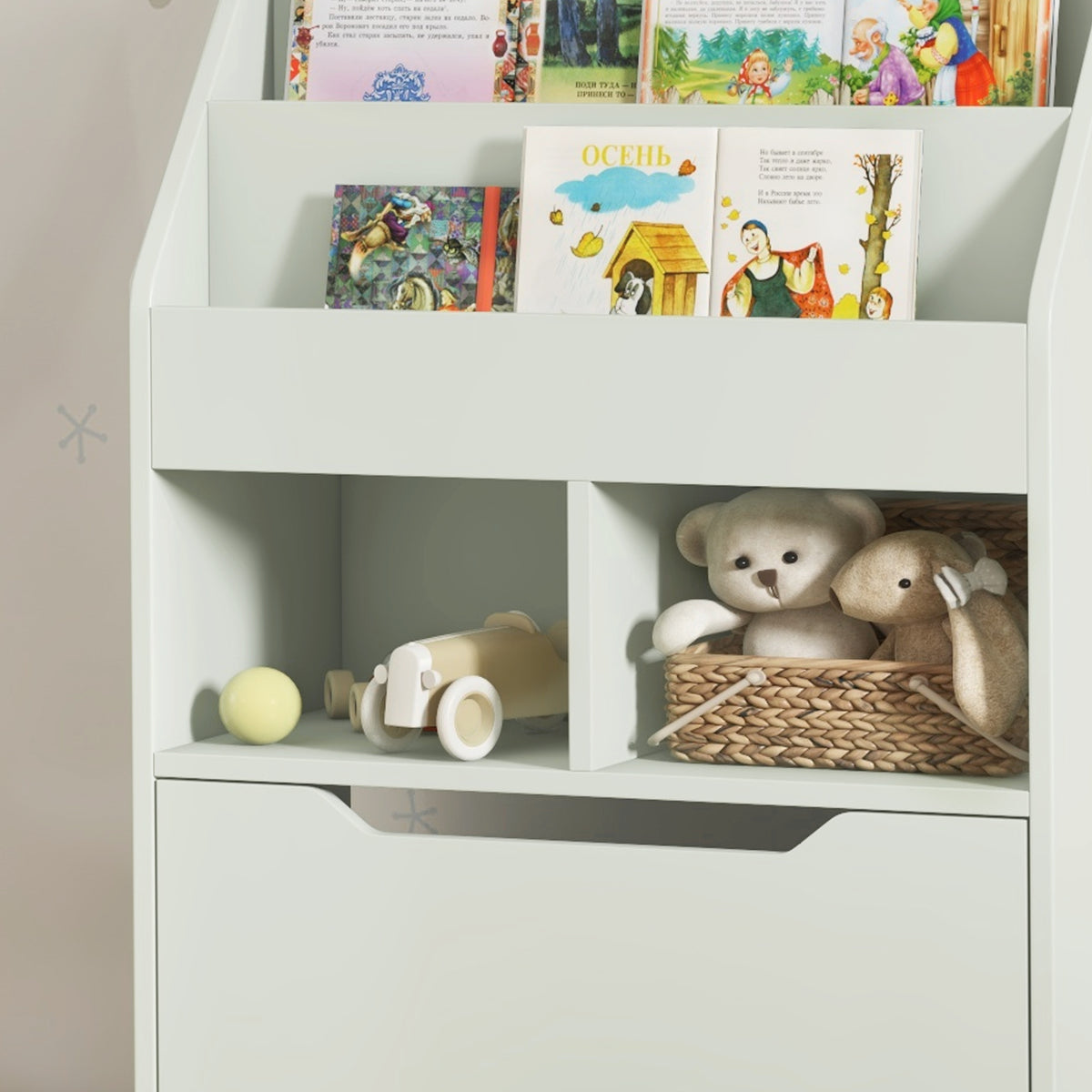 Bibliothèque étagère Multi-Rangement 3 étagères 2 niches Grand tiroir en bois Vert clair