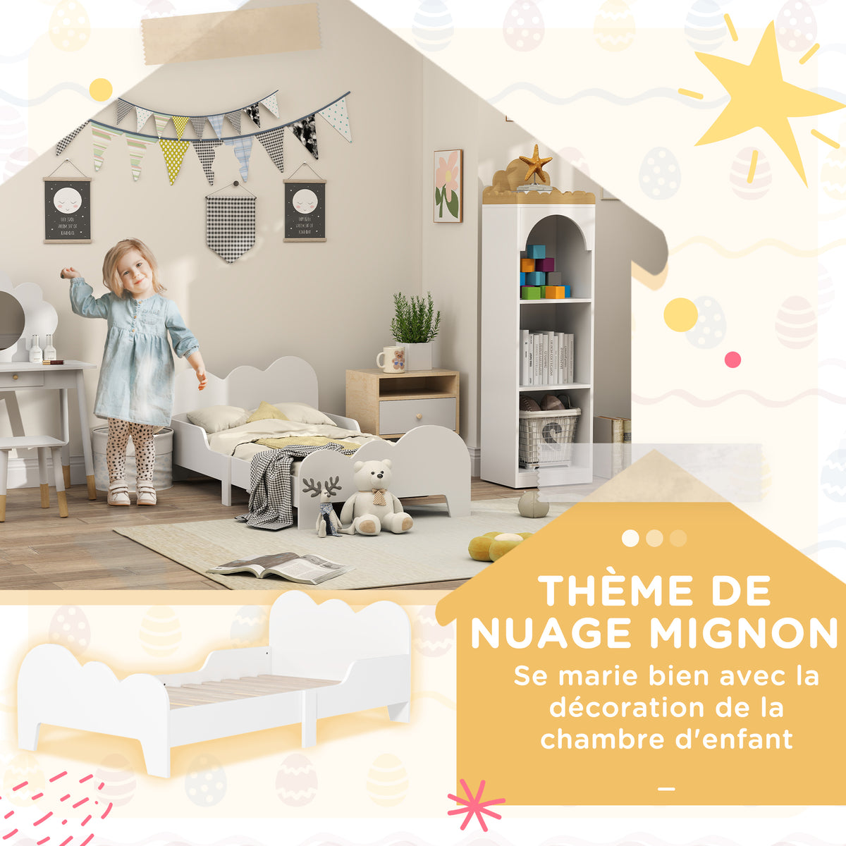 Toddler floor bed 70x140 cm with safety rail, slatted base included, and cloud decorations, white