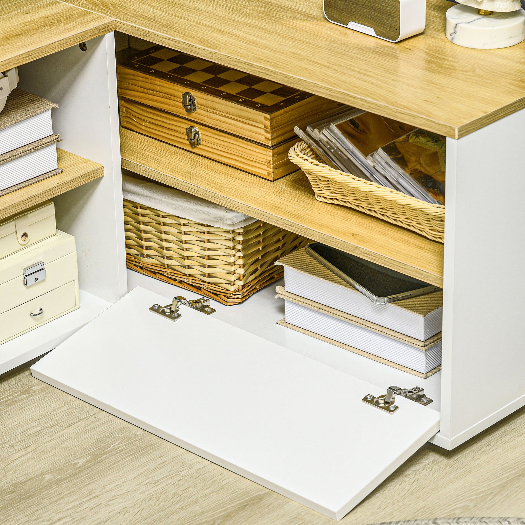 Meuble TV d'angle banc télévision jusqu'à 40 pouces avec rangements aspect bois clair et blanc