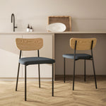 Set de 2 sillas de comedor con patas de acero, respaldo curvado y asiento acolchado, gris y efecto madera natural