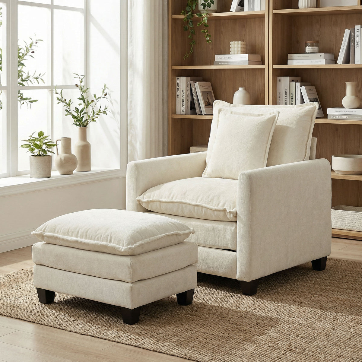 Fauteuil salon avec repose-pied, canapé 1 place en chenille, assise large, rembourrage double couche, 85x128x86cm, crème