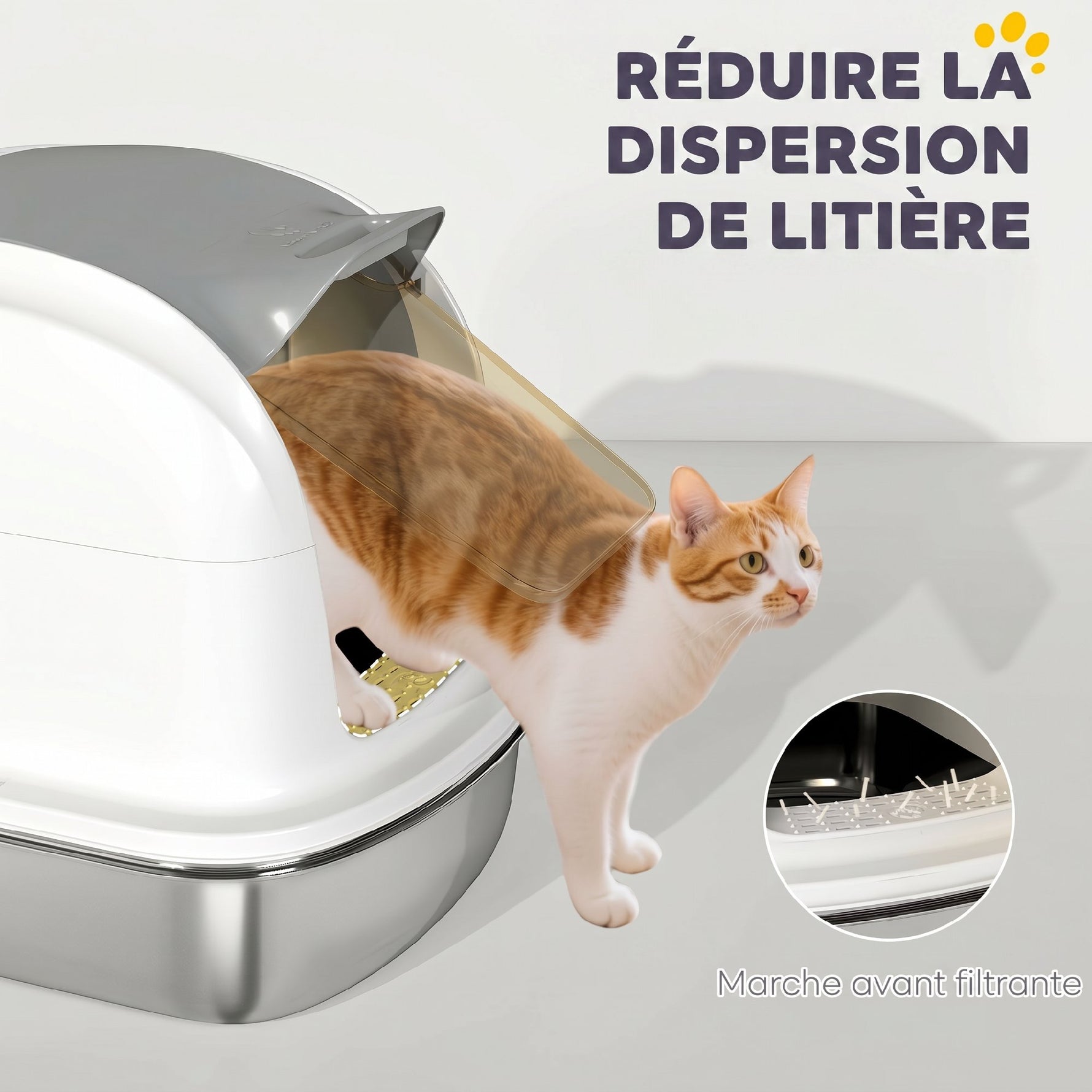Bac à Litière pour Chat en Acier Inoxydable Caisse Litière Fermée pour Chats Couvercle Contrôle des Odeurs XL Blanc