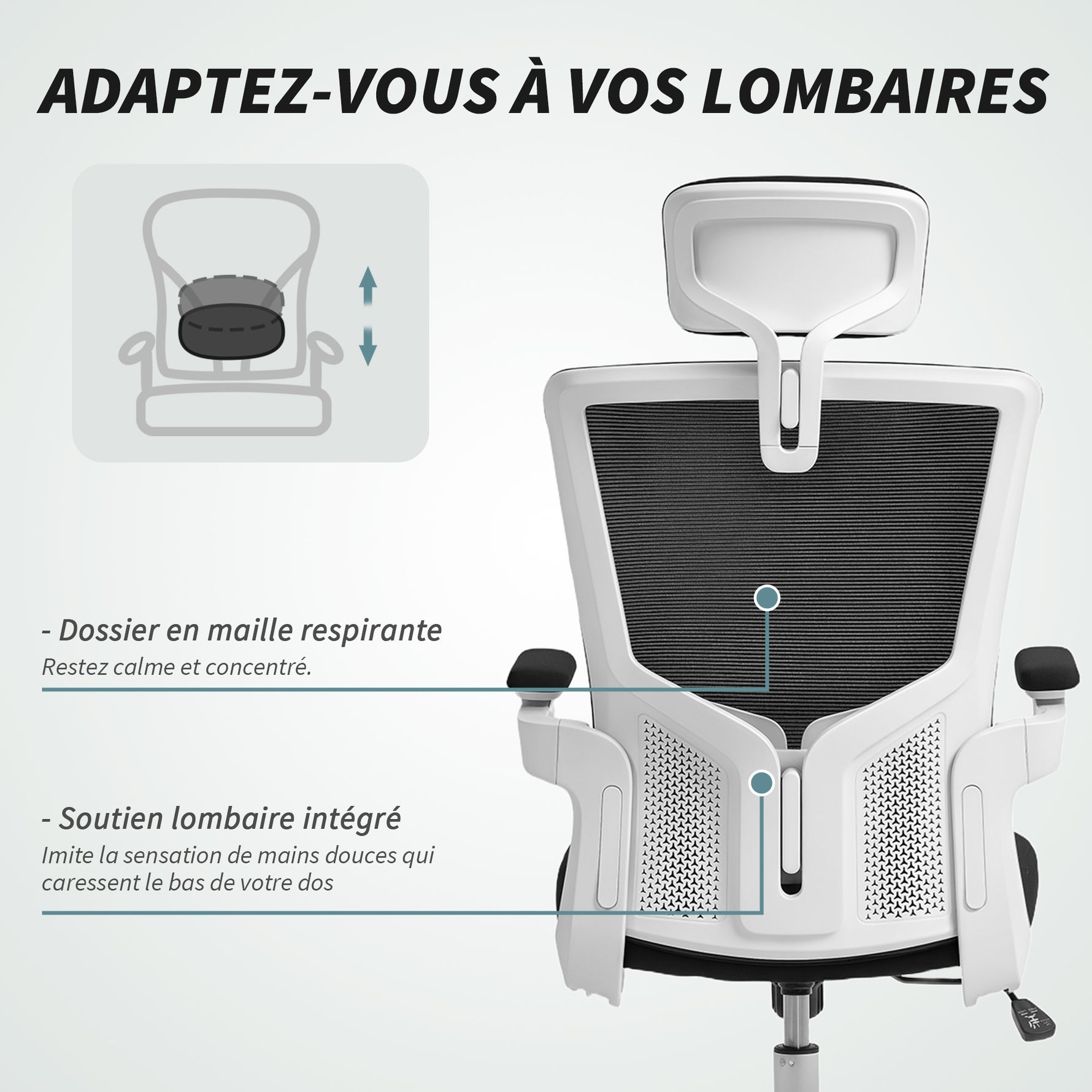 Chaise bureau ergonomique, fauteuil de bureau, accoudoirs relevables, soutien lombaire, appui-tête, 60x63x120cm, noir