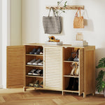 Meuble à chaussures en bambou 18 paires, armoire à chaussures avec portes persiennes et étagères réglables, bois naturel