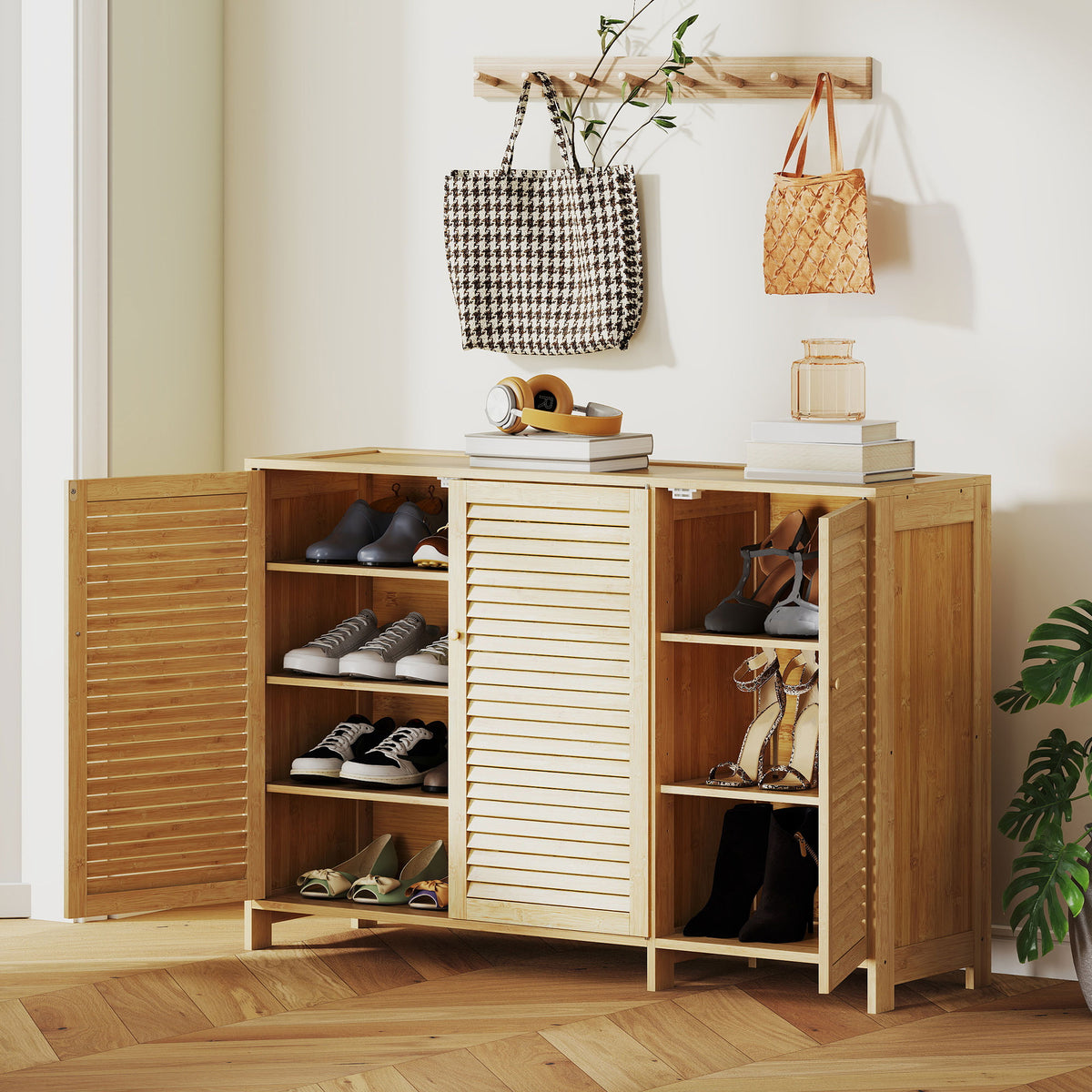 Meuble à chaussures en bambou 18 paires, armoire à chaussures avec portes persiennes et étagères réglables, bois naturel