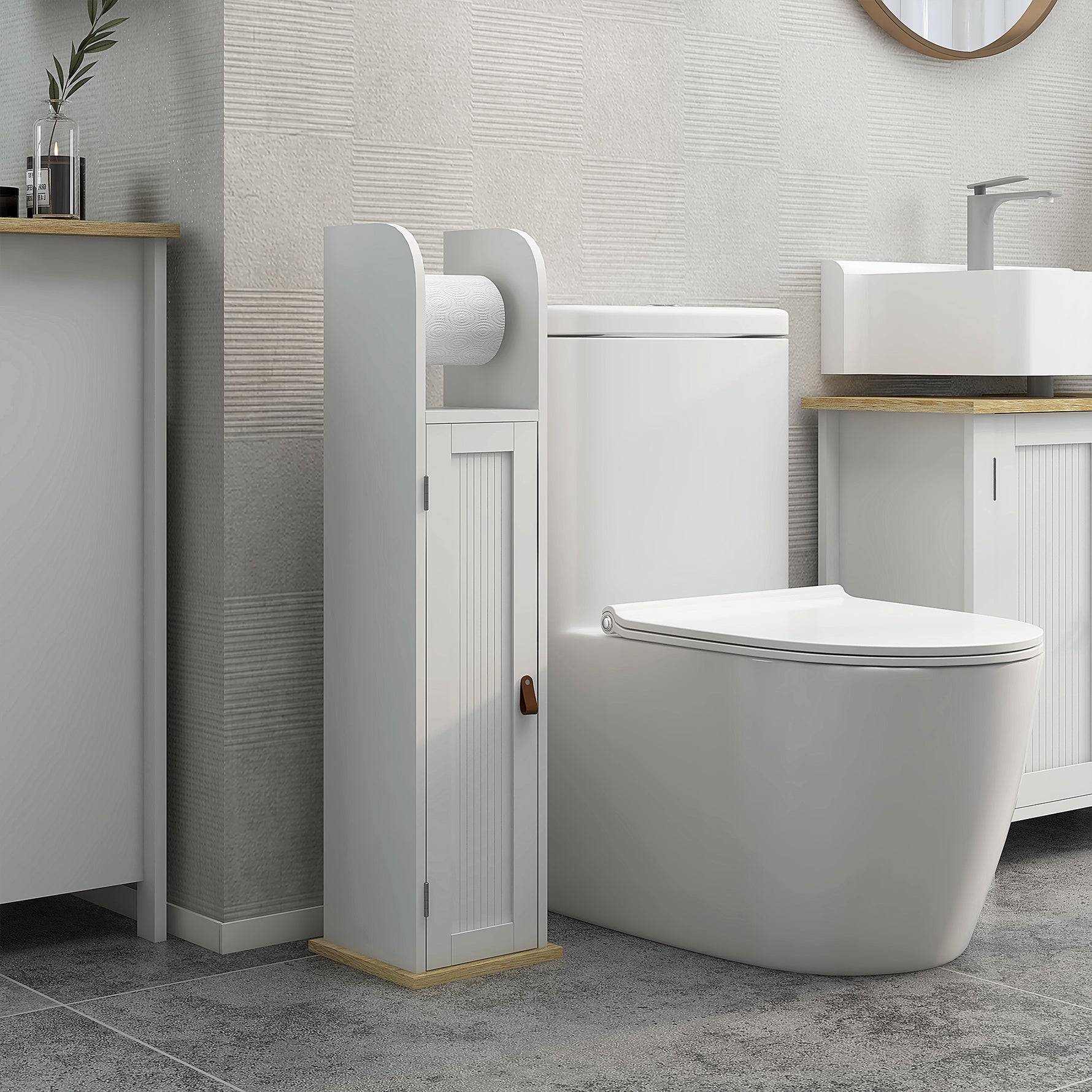Meuble de salle de bain support papier toilette avec placard et étagères réglables 20 x 20 x 80 cm blanc