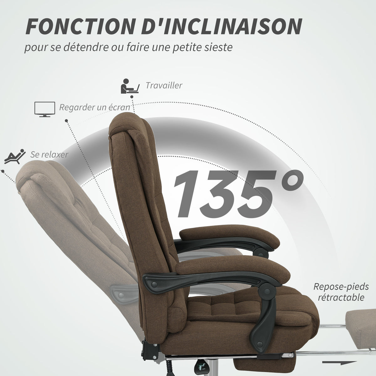 Fauteuil de bureau avec hauteur réglable, dossier inclinable, repose-pied et accoudoirs rembourrés, marron