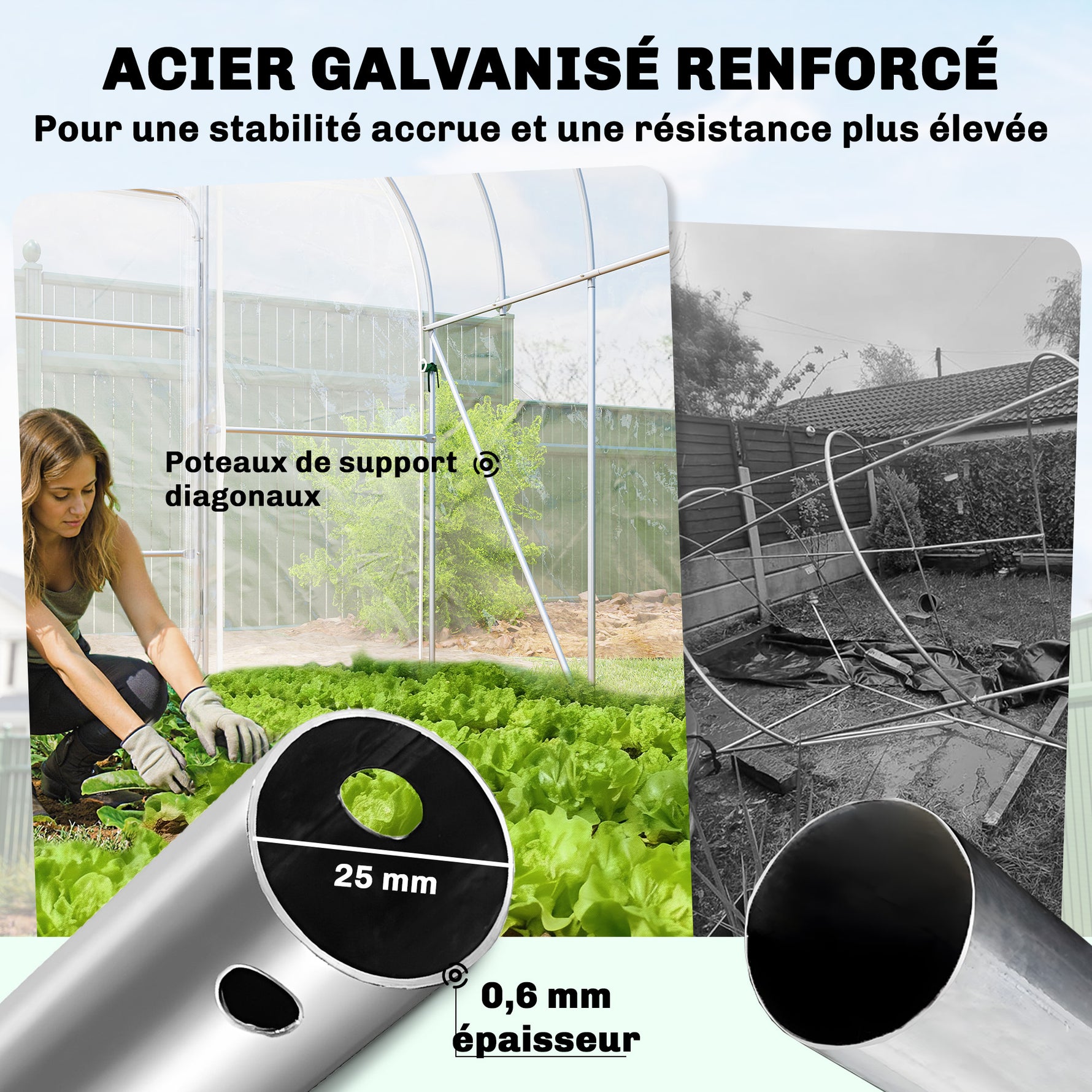 Serre Tunnel de Jardin 12m² Film PO Anti-goutte Acier Galvanisé 25mm Structure Renforcée 2 Portes Battantes Transparent