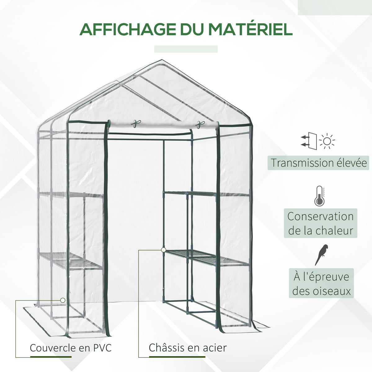 Serre de jardin avec étagères 3 niveaux, serre de balcon, châssis en acier, porte zippée enroulable, pour légumes plantes fleurs, intérieur et extérieur, 143x143x195cm, transparent