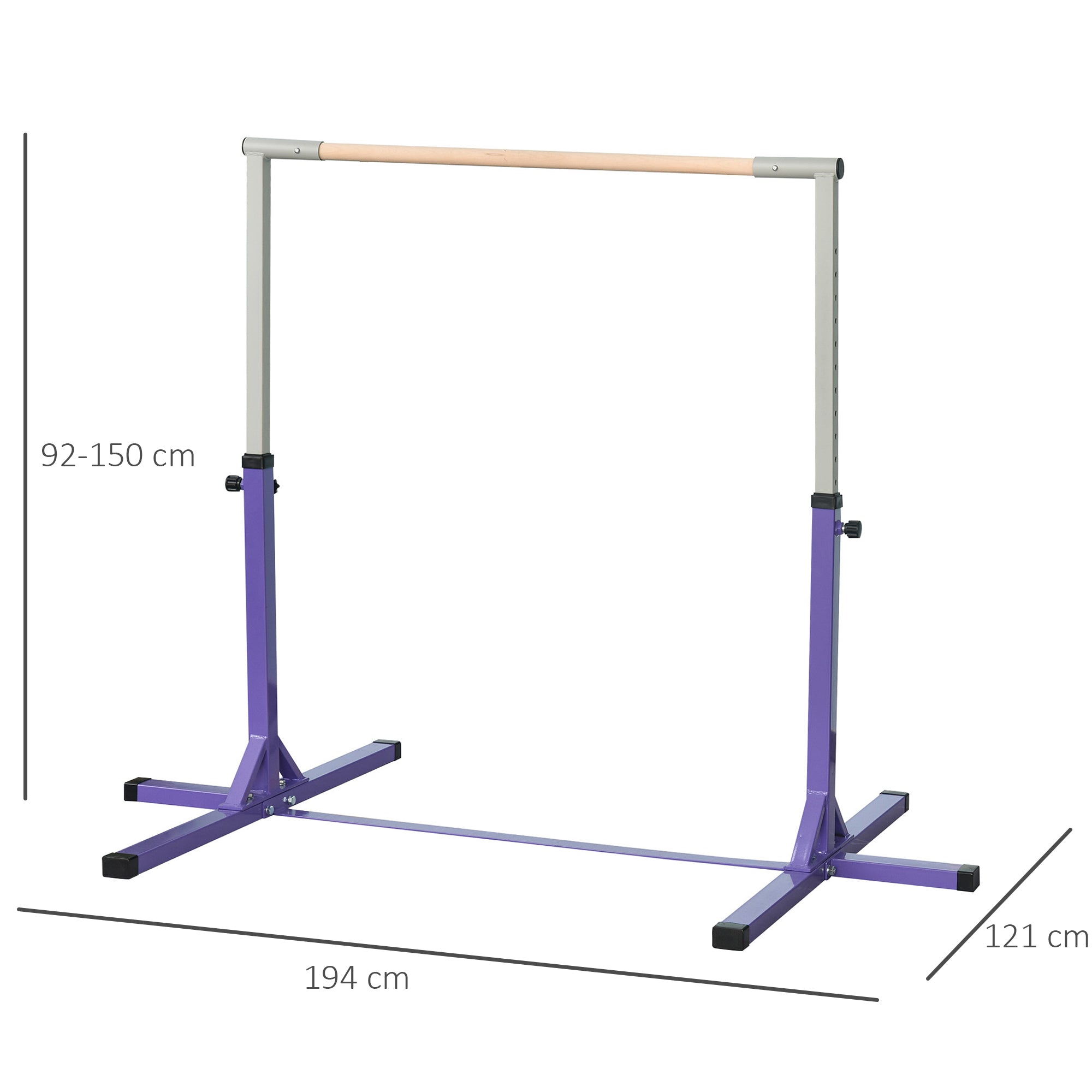 Turnreck für Kinder, höhenverstellbar in 13 Stufen von 92–150 cm, aus Stahl und Buchenholz, Trainings-Turnreck für Zuhause, rutschfest, einfach zu montieren, Violett