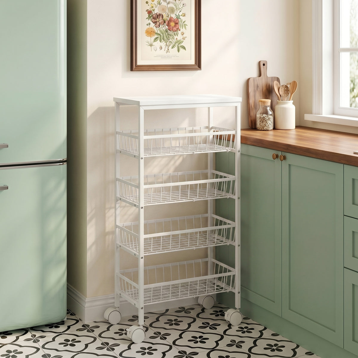 Carrello portaoggetti a 4 ripiani, carrello con ruote e cestelli rimovibili, struttura in metallo, bianco