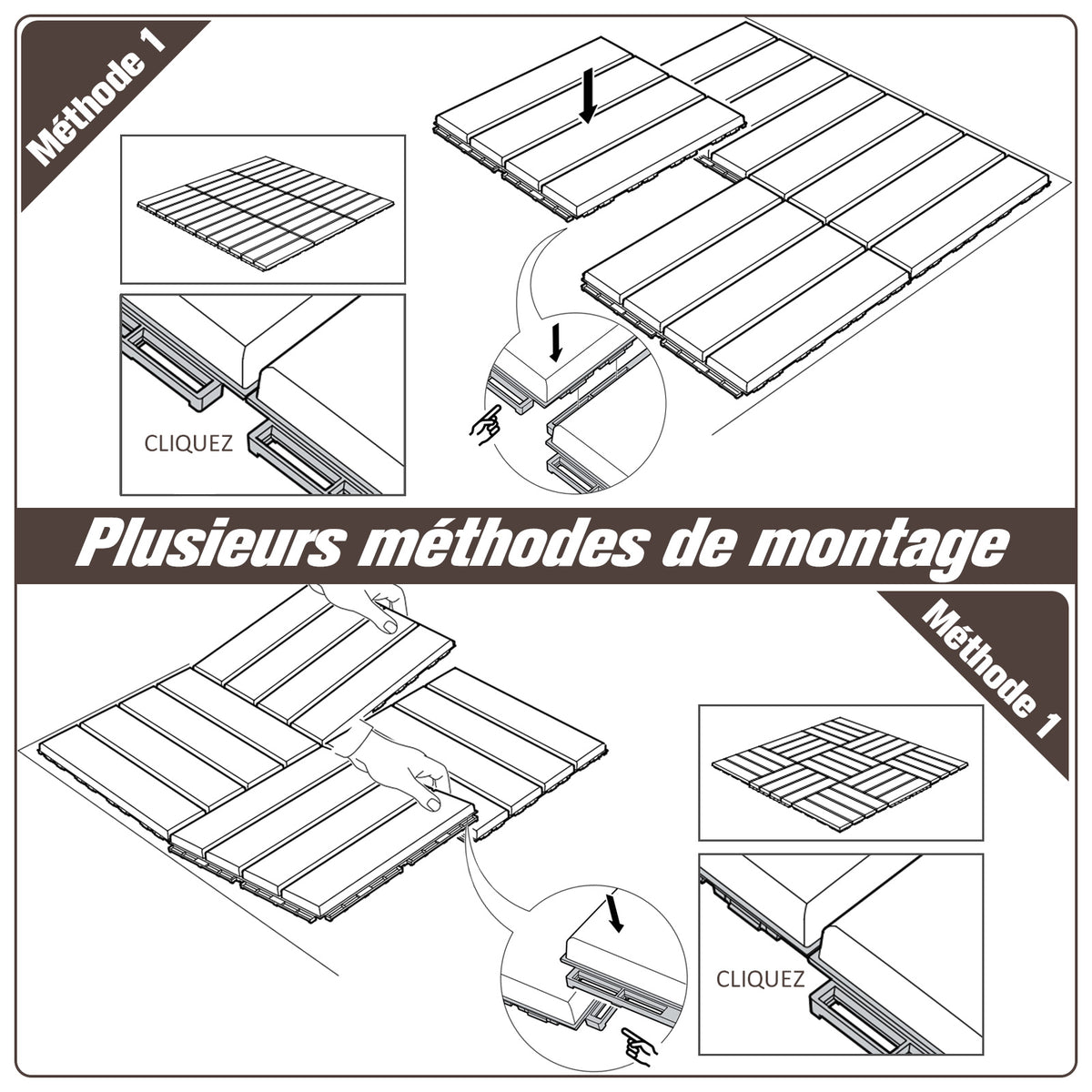 Caillebotis - Dalles terrasse - Lot de 9 - emboîtables, Installation très Simple - Petits Carreaux Composite Plastique Imitation Bois Chocolat