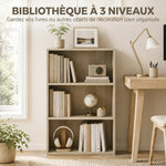 Bibliothèque étagère de rangement avec 3 compartiments et étagère réglable, 60 x 24 x 93 cm, bois naturel