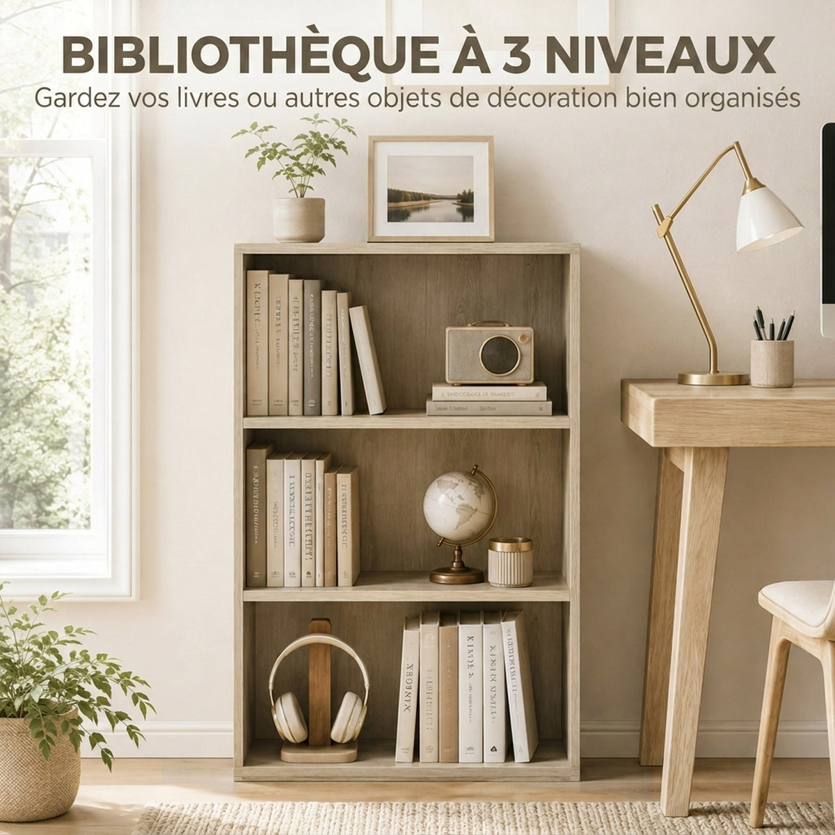 Bibliothèque étagère de rangement avec 3 compartiments et étagère réglable, 60 x 24 x 93 cm, bois naturel