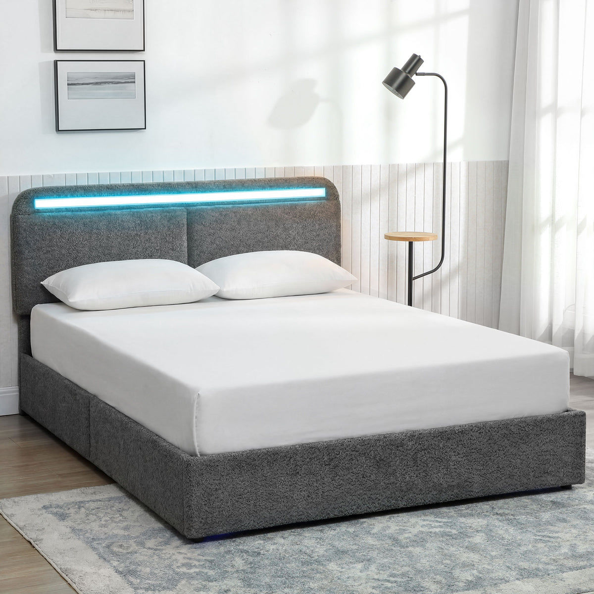Opbergbed 140 x 190 cm met ledverlichting, verstelbaar hoofdeinde, tweepersoonsbedframe, houten lattenbodem, grijs
