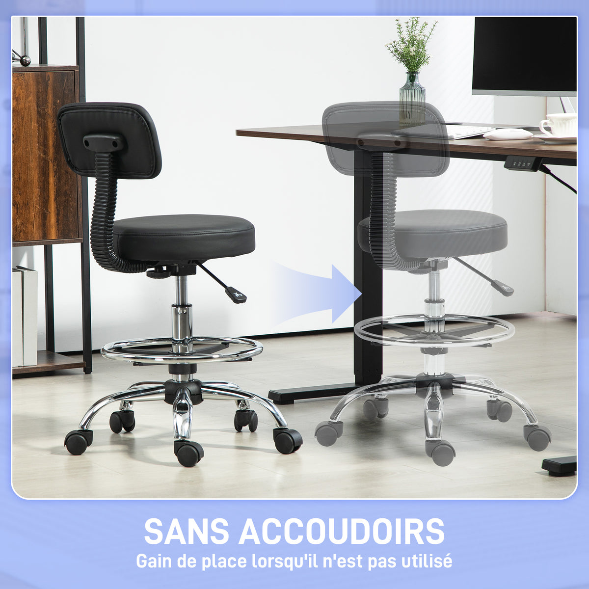 Chaise de bureau, chaise de dessin, repose-pieds réglable, hauteur réglable, pivotante 360°, 52x52x92cm, noir