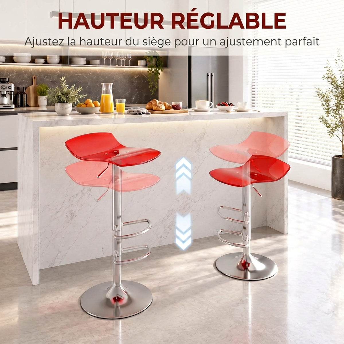 Set di 2 sgabelli da bar dal design contemporaneo, girevoli a 360°, con altezza regolabile e poggiapiedi, 39x39x67-87 cm, rossi