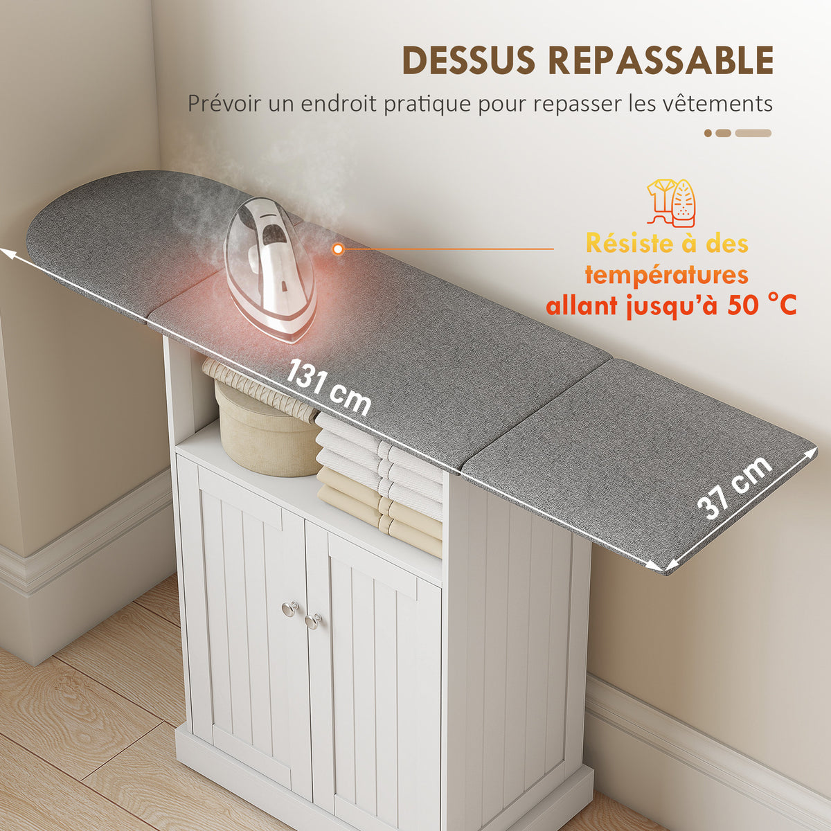 Ironing cabinet on wheels, ironing board with foldable ironing surface, 131 x 37 x 89.5 cm, white