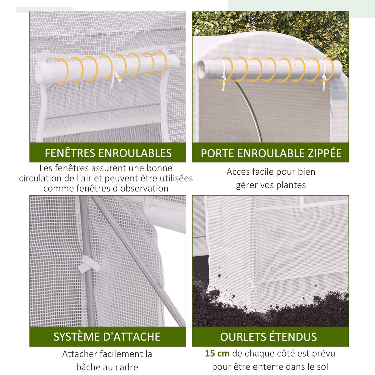 Serre de Jardin Tunnel Surface Sol 5 m² 2,5L x 2l x 2H m châssis Tubulaire renforcé 18 mm 4 fenêtres Blanc