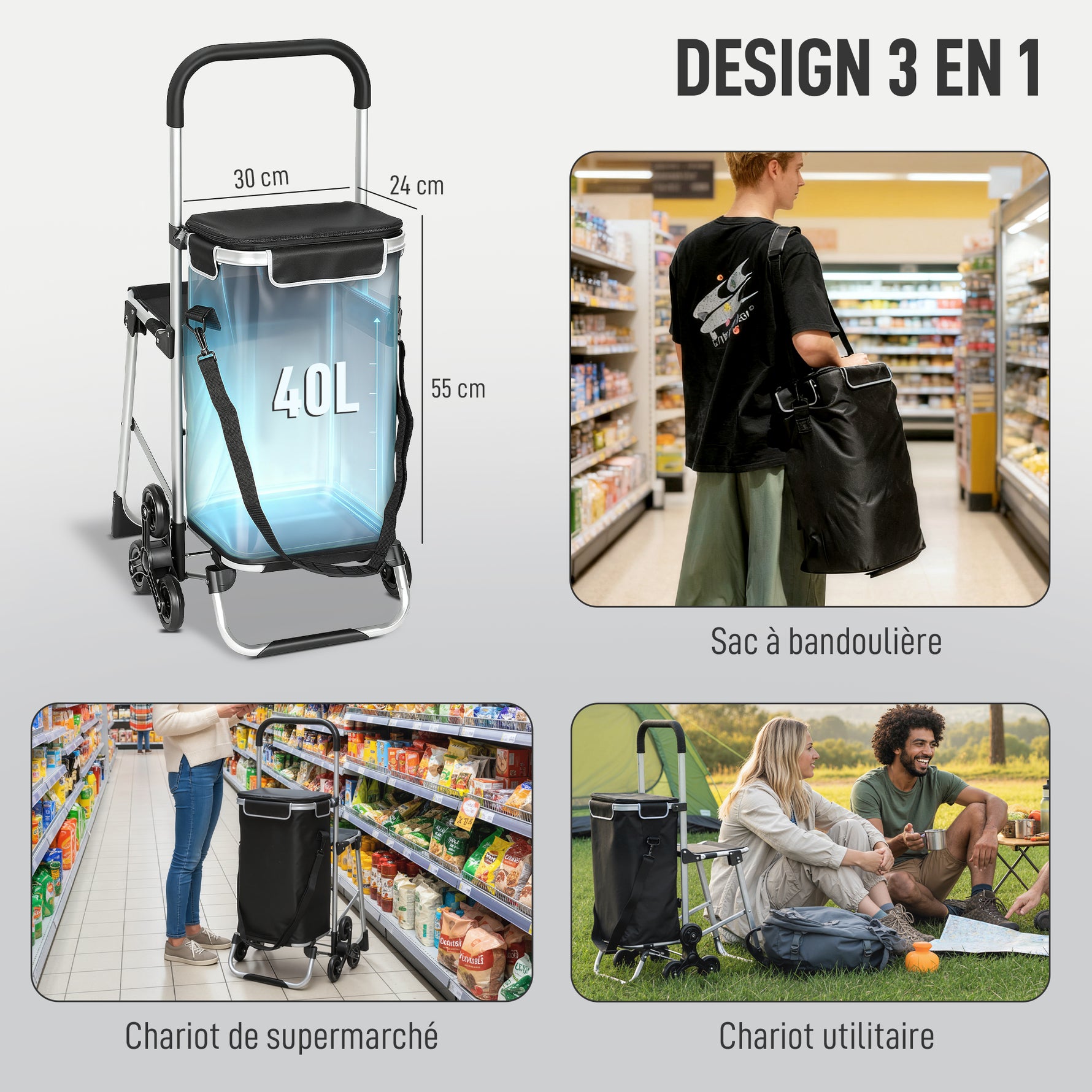 Chariot de courses pliable caddie de courses portable à roulettes avec siège pliable, sac amovible, 46x59,5x97cm, noir