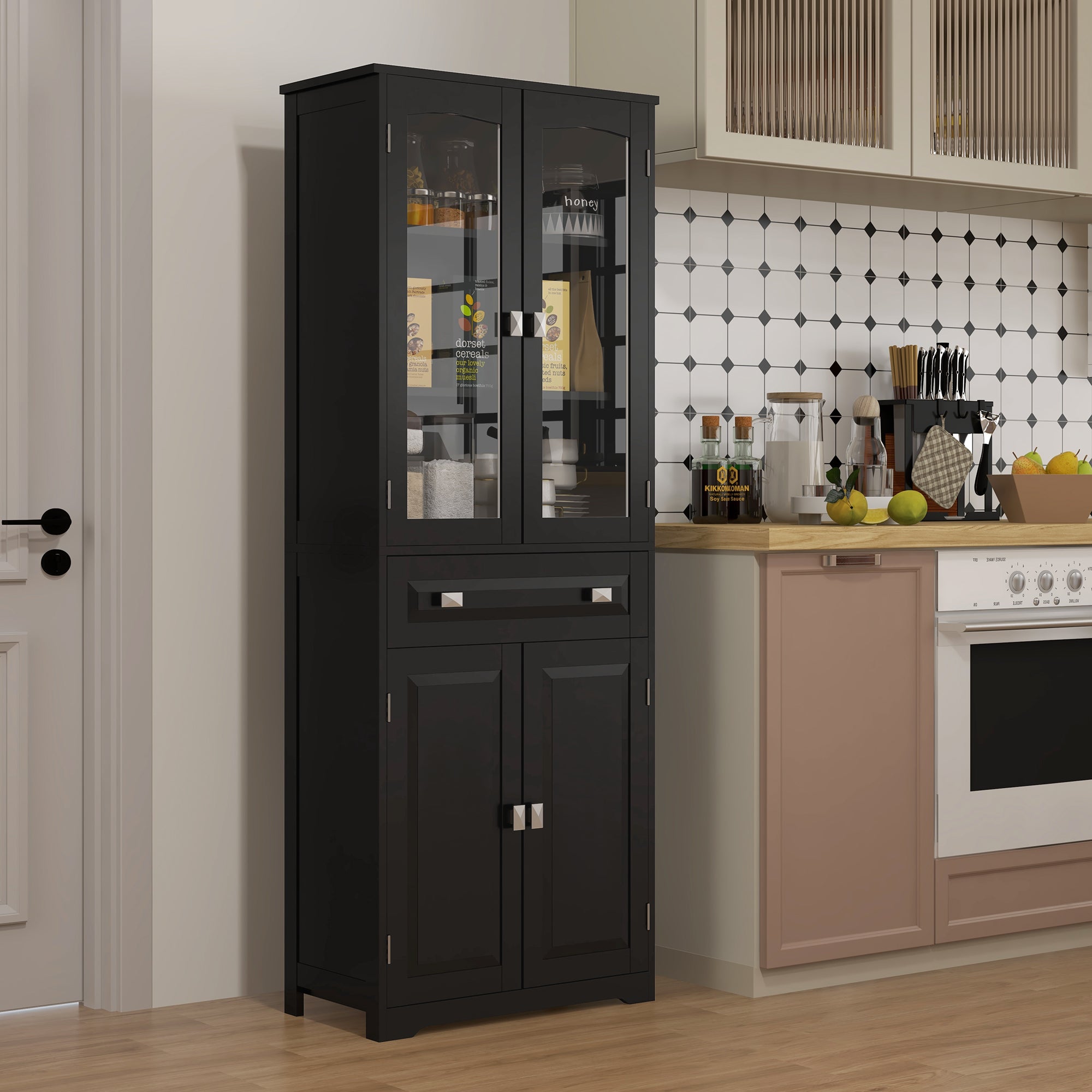 Buffet haut armoire de cuisine 4 portes dont 2 portes vitrées et 1 tiroir hauteur 160 cm avec étagères en bois noir
