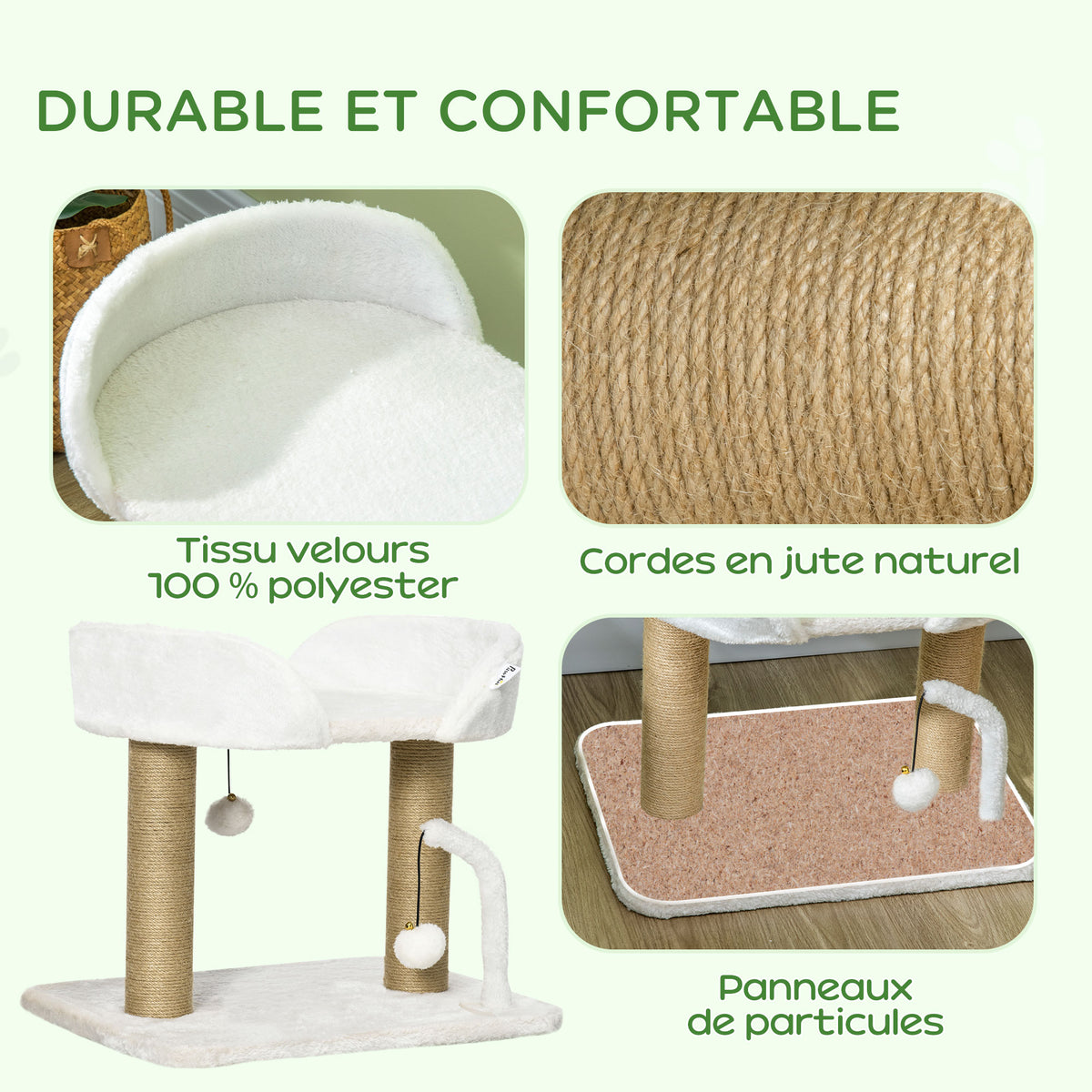 Arbre à chat grattoir design avec jeu 2 pompons suspendus 2 poteaux sisal plateforme peluche sisal 48 x 38 x 42 cm beige