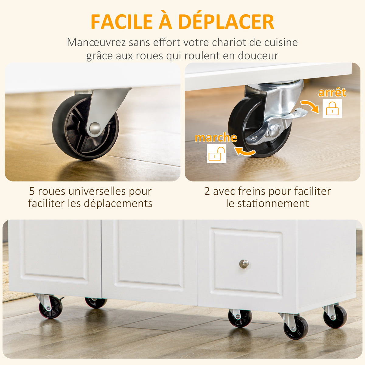 Desserte îlot de cuisineplateau rabattable 3 tiroirs 1 placard porte-torchons et porte-épices 111,5 x 75 x 89 cm blanc