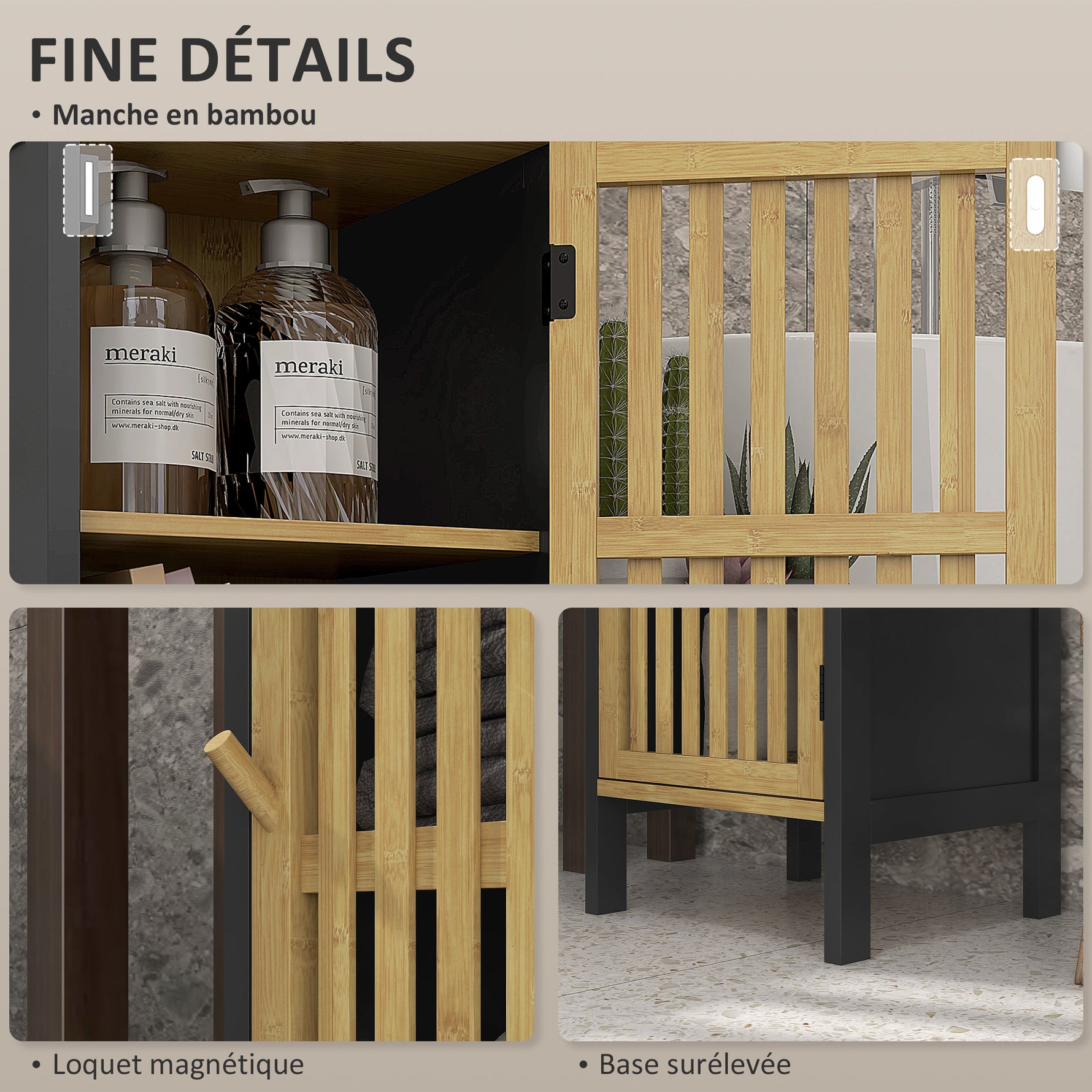 Meuble bas de salle de bain en bambou avec placard 1 porte niche ouverte 32 x 30 x 90,5 cm, noir et bois