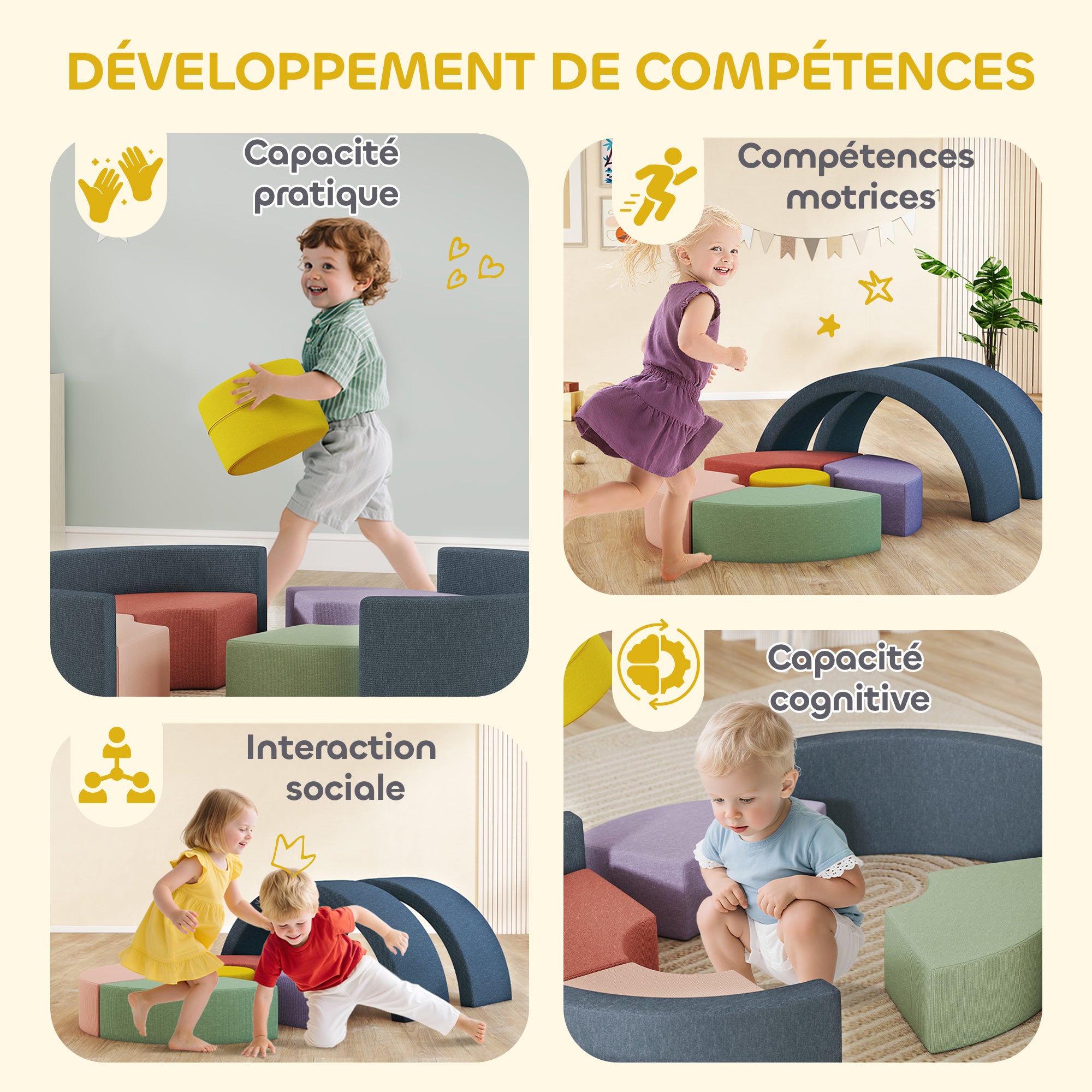 Parcours motricité bébé module motricité bébé 7 pièces avec housse lavable 107 x 107 x 30 cm multicolore