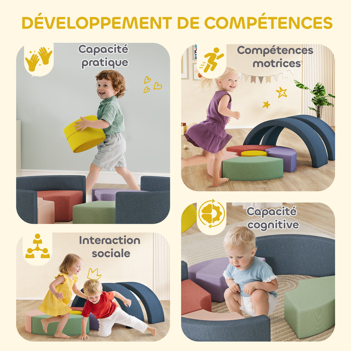 Parcours motricité bébé module motricité bébé 7 pièces avec housse lavable 107 x 107 x 30 cm multicolore