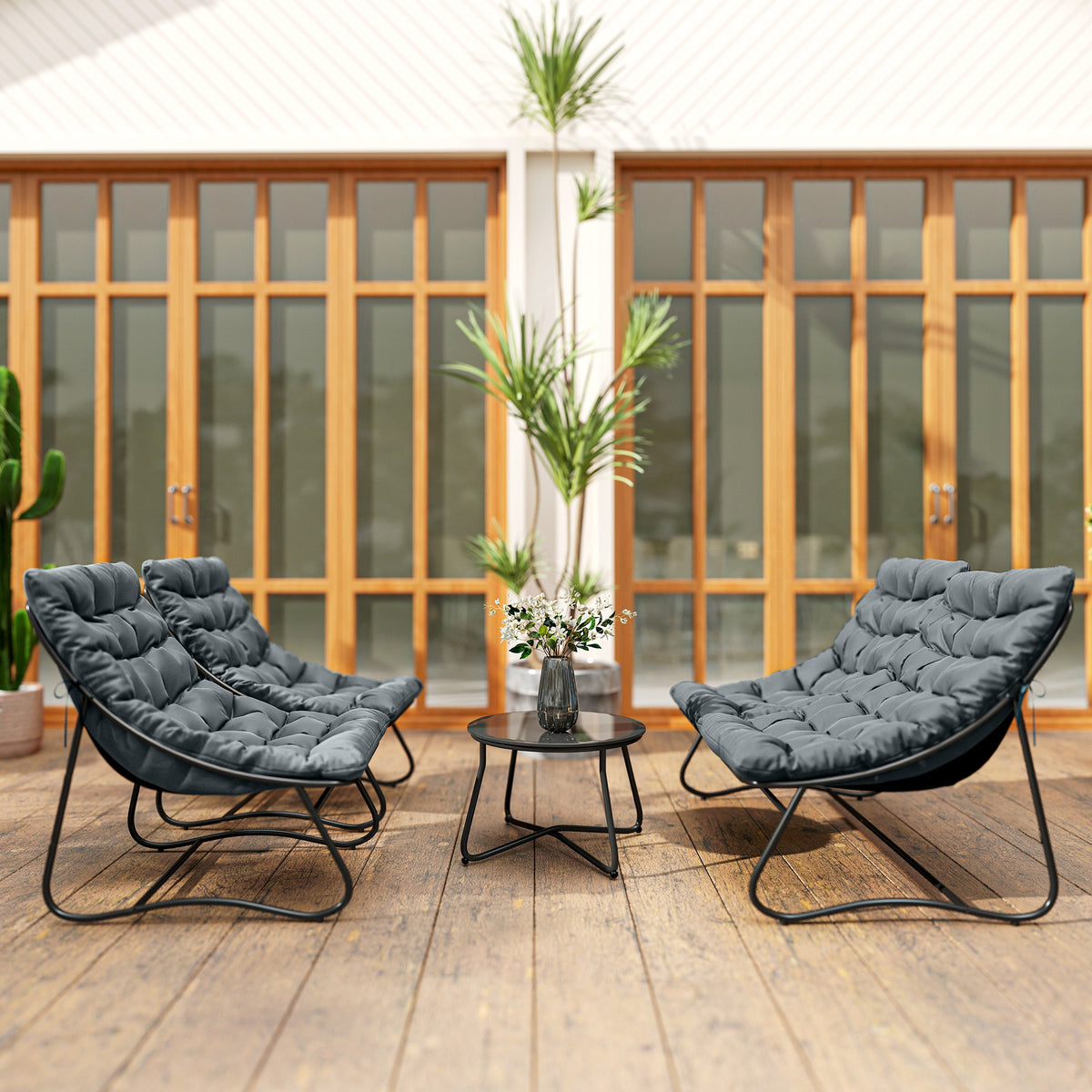 Salon de Jardin 4 Pièces avec Coussins Épais 8cm Ensemble Mobilier Extérieur en Acier et Textilène Respirant Gris