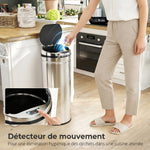 Poubelle à capteur de mouvement ouverture automatique 50 L en acier inoxydable noir et argent