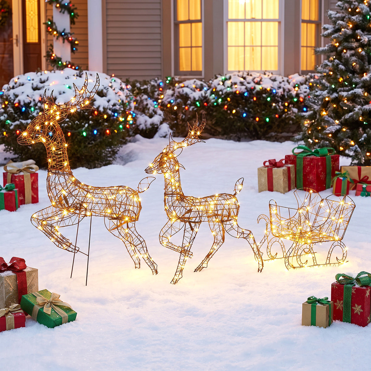 Set di 2 Renne di Natale con Slitta Luminosa 3 Pezzi, 240 LED Bianco Caldo, 8 Modalità e Timer, 78x22x105cm, Marrone