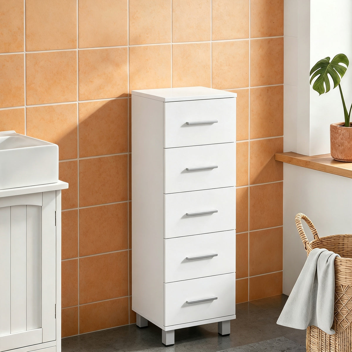Meuble de Salle de Bain 5 Tiroirs, Meuble de Rangement, 30 x 30 x 95 cm, Commode Salle de Bain, 30 x 30 x 95 cm, Blanc