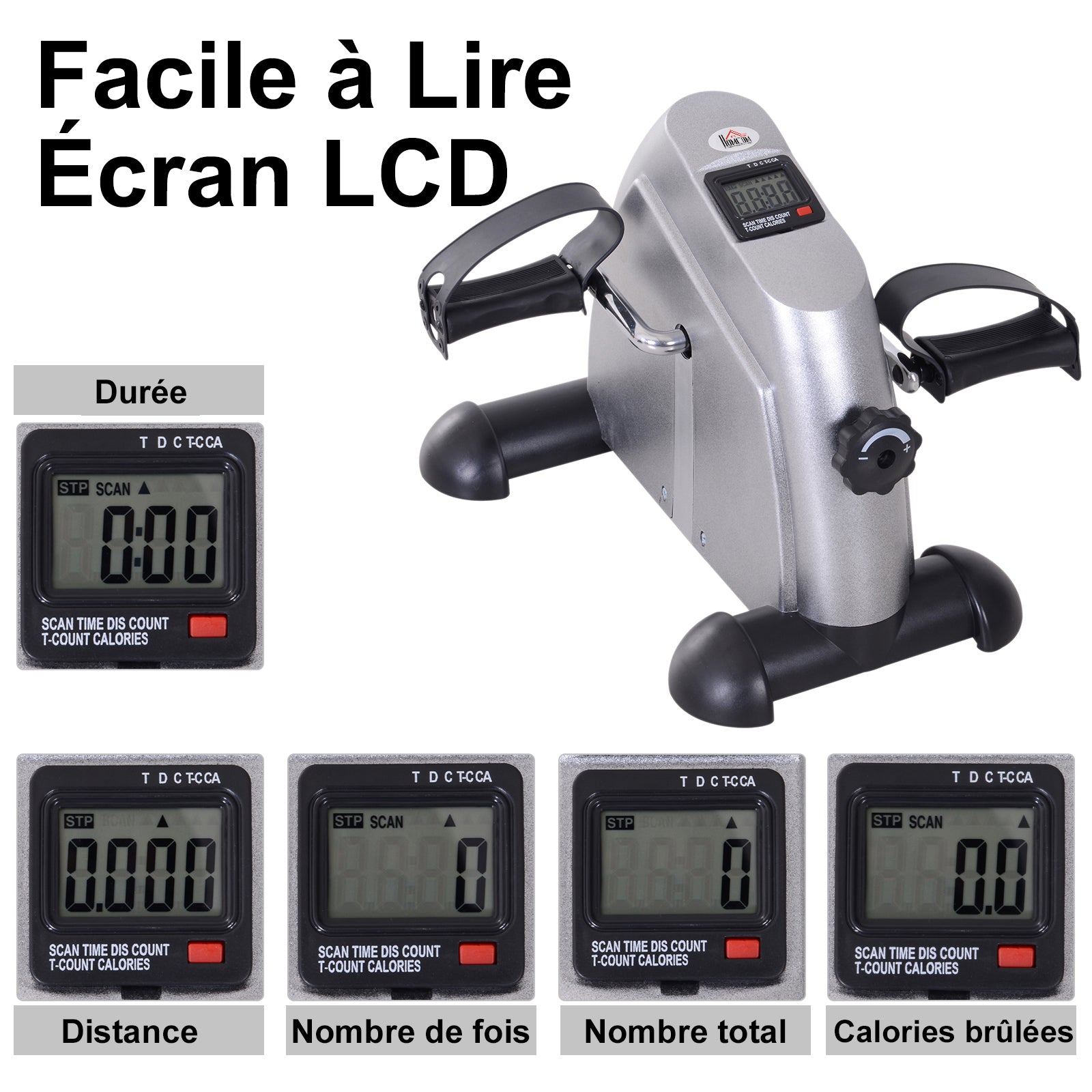 Mini vélo d'appartement pour jambes bras appareil de fitness avec écran LCD dim. 39L x 40l x 31H cm argenté