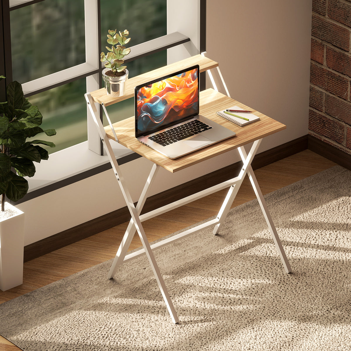 Scrivania pieghevole 65,5 x 45 cm con ripiano portaoggetti per camera da letto, piccoli spazi, legno naturale