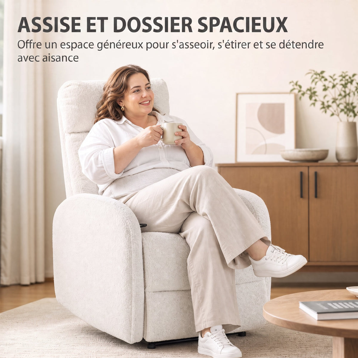 Fauteuil Relax Inclinable, Fauteuil de Relaxation en Peluche Teddy, Assise à Ressorts, Accoudoirs Rembourrés, Crème