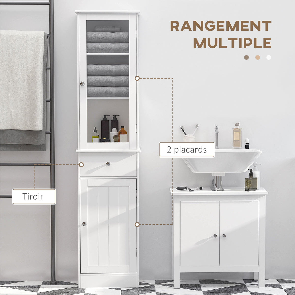 Meuble Colonne de Salle de Bain Placard Porte Acrylique 2 étagères Placard Porte 1 étagère tiroir MDF Blanc