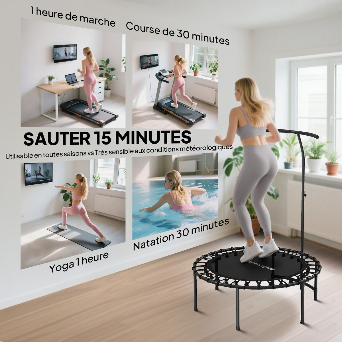 Fitness Trampoline with Elastic Cords, 5-Position Adjustable Handle, 100 kg Capacity, Steel, Ø102x132cm, Black